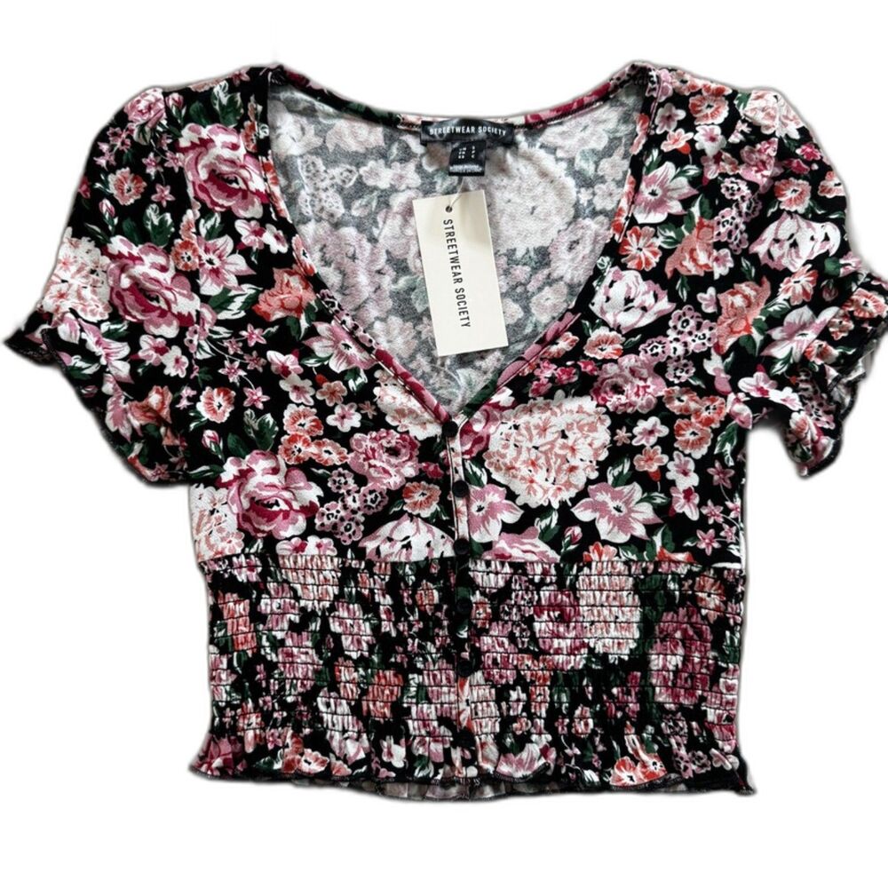 Short Sleeve Smocked Floral Crop Top Small Cottagecore Fairy Coquette Y2K Ruffle
